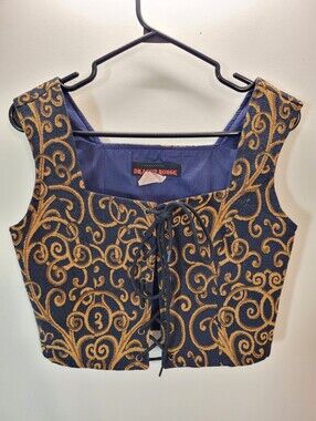 Vintage Medieval Dragon Rouge Corset/Bustier Top Navy & Tan Gold Tone - Size 4